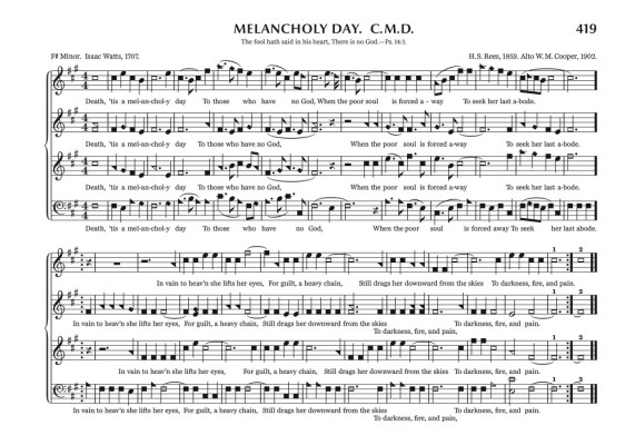 The Sacred Harp: 2025 Edition, 419 Melancholy Day, set in the Collins music typeface